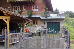 automatisierte Toranlage Pedro - der Geländeschräge angepasst - mit passendem Balkongeländer - hier sieht man schön, dass man Stahl und Holz wunderbar kombinieren kann
